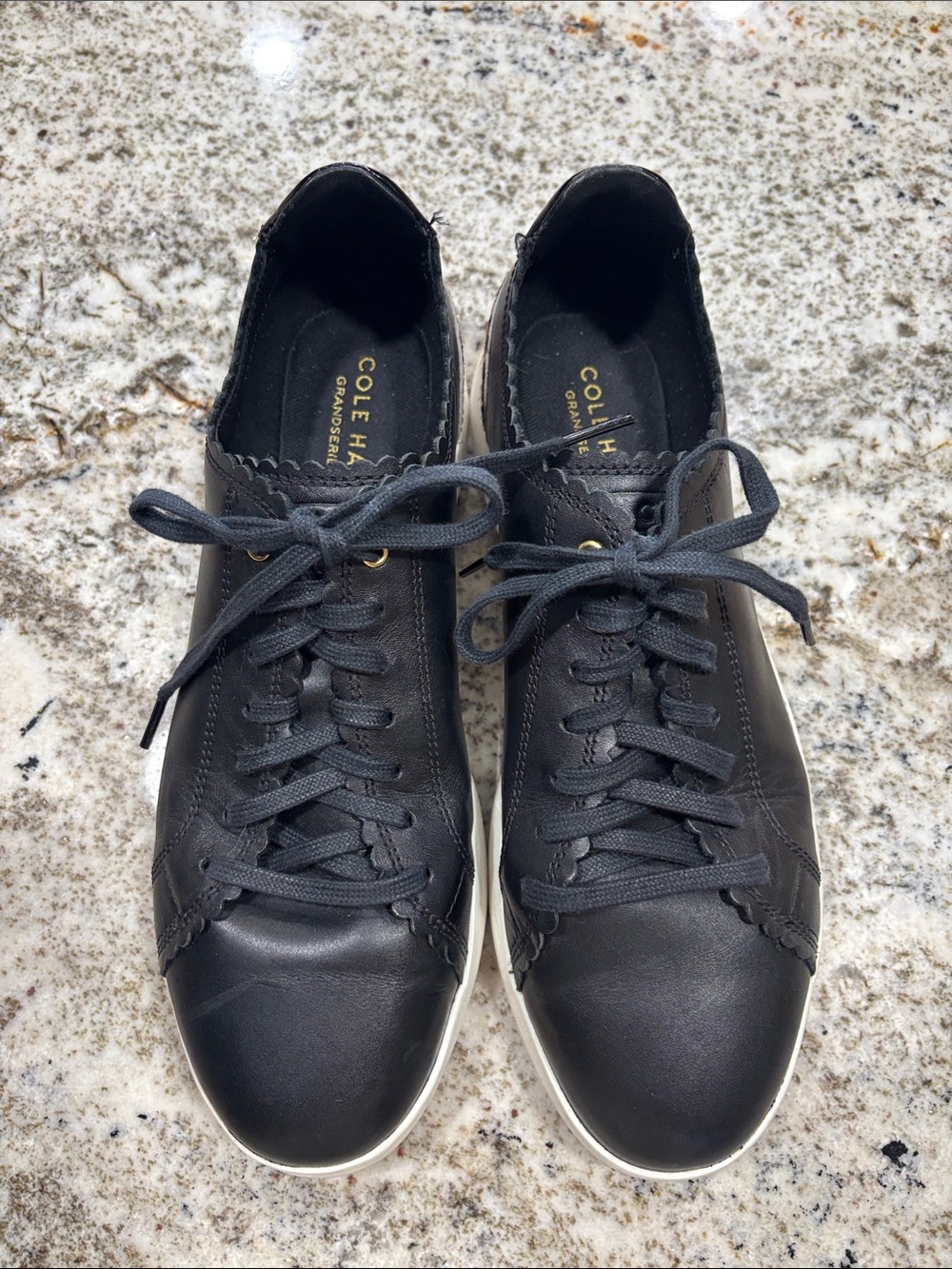 Cole Haan Women’s Black Leather Lace-Up Sneakers with White Sole. Size 10